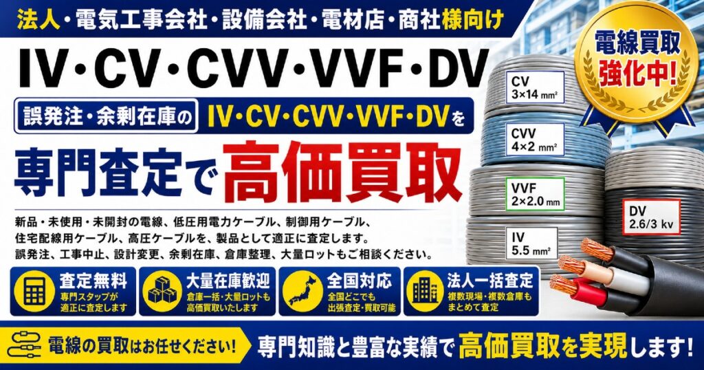 IV・CV・CVV・VVF・DV・高圧ケーブル・制御ケーブルを法人様から高価買取