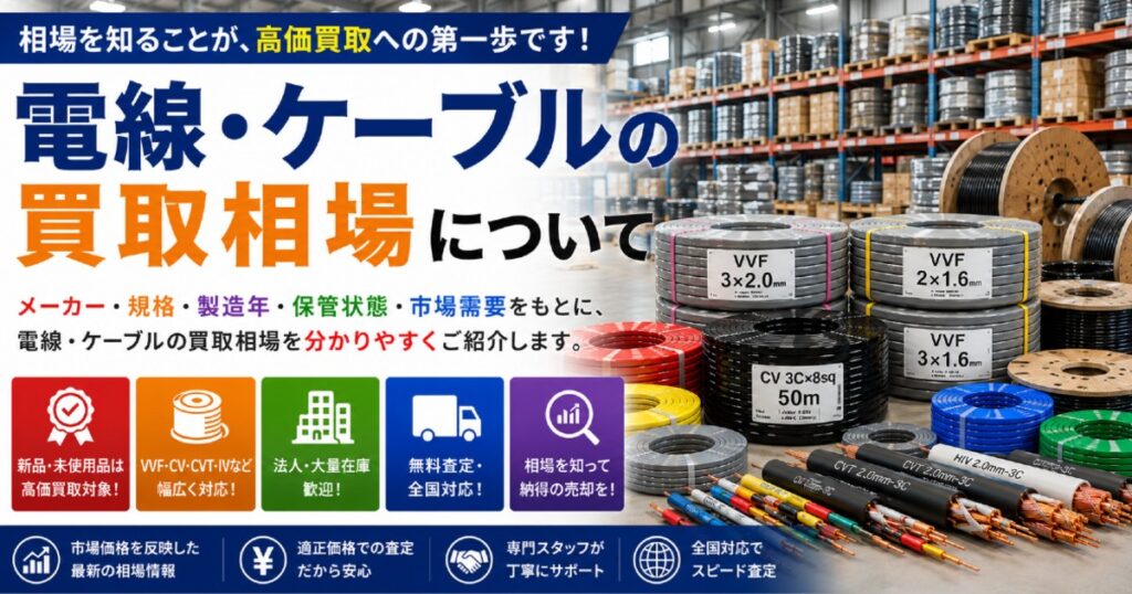 VVF・CV・CVT・IVなど、主要電線・ケーブルの買取相場を掲載
