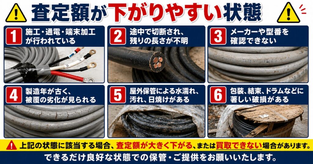査定額が下がりやすい電線・ケーブルの状態を解説した図